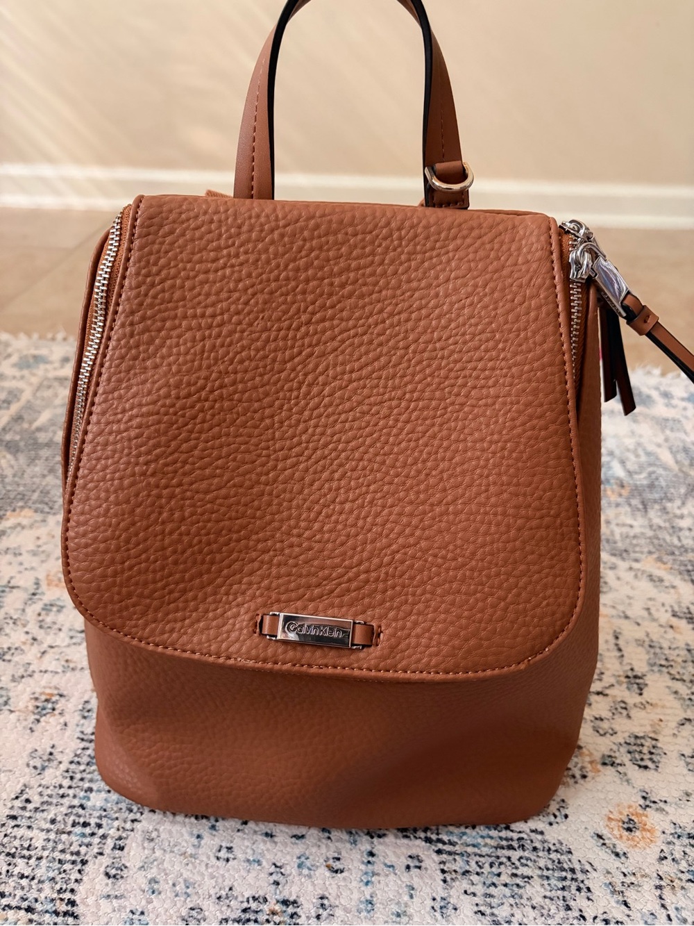 Calvin Klein Brown Pebbled Leather Backpack Purse - Picture 2 of 11